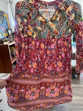 Boho Floral Paisley V-Neck Tunic Dress size Medium